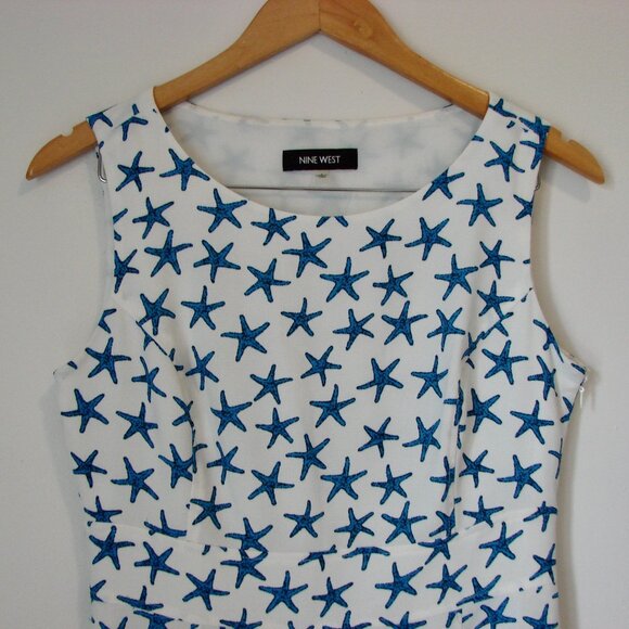 Shift Midi Dress Blue White Summer Starfish Sleeveless A-Line Office Nine West 4 - Picture 2 of 14